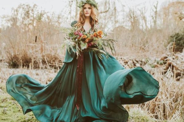 Green and white wedding dresses